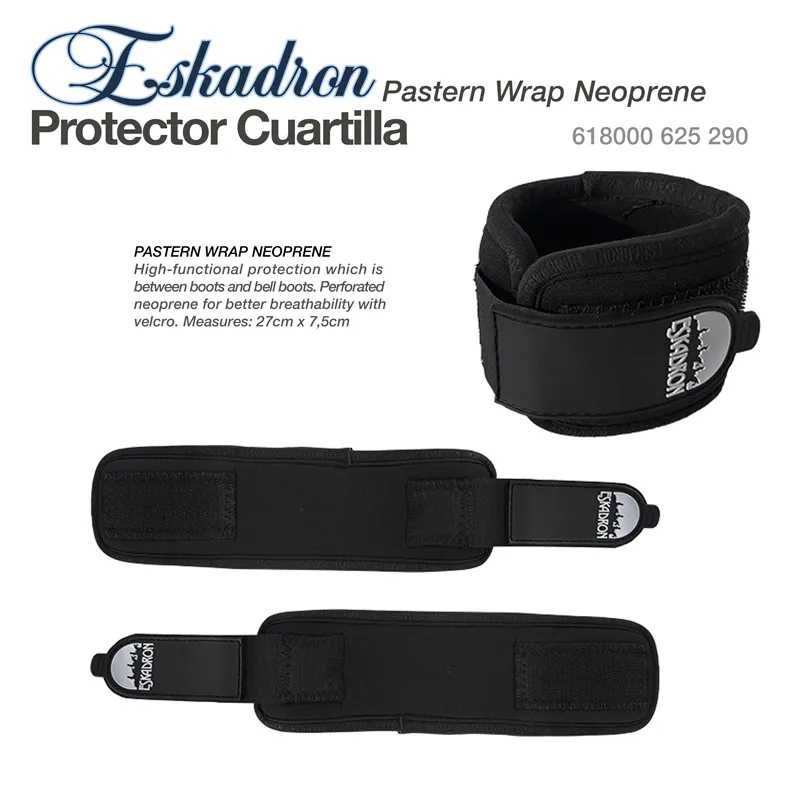 Envolve patelar preto de neoprene Eskadron com fecho velcro e texto imprimido.
