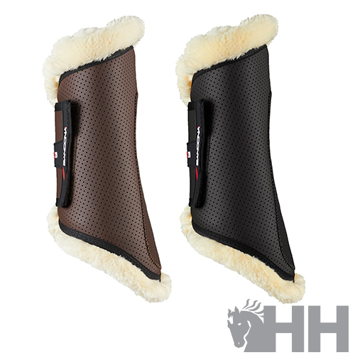 Protetores para pernas de equitação castanho e preto com pelúcia creme e fecho preto