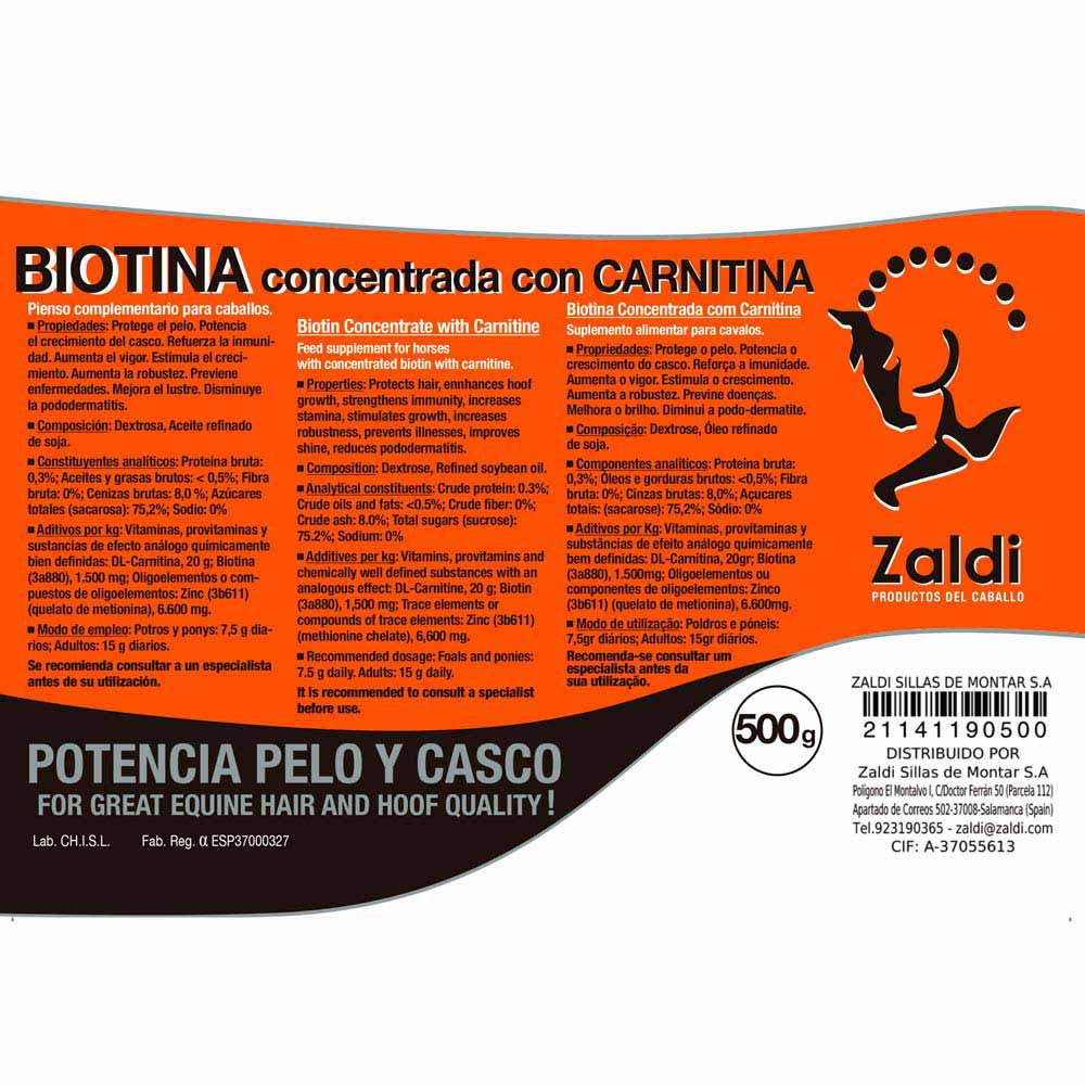 Rótulo de suplemento alimentar para cavalos Biotina concentrada com Carnitina com logo e informações do produto