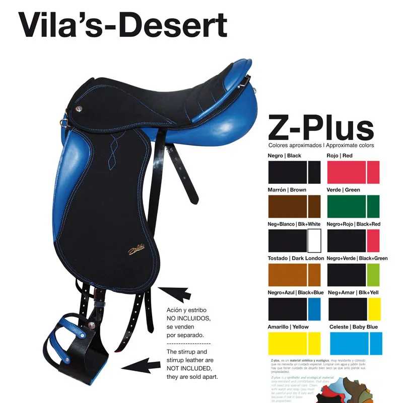 Sela de equitação preta e azul Vila's-Desert Z-Plus com tabela de cores ao lado