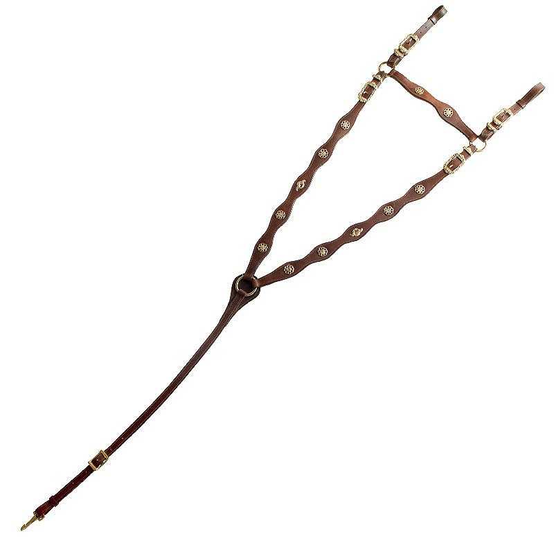 Suspensório de couro castanho com detalhes metálicos dourados