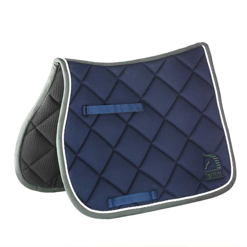 Tapete de sela azul escuro acolchoado com bordas cinza e logotipo EQUILINE