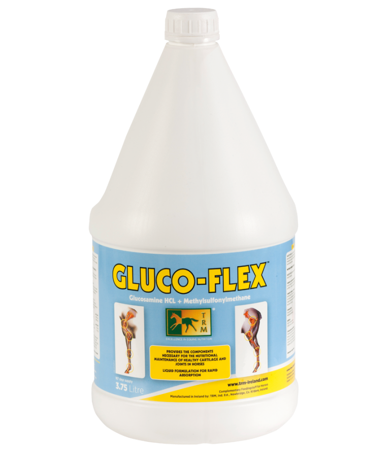frasco plástico branco de GLUCO-FLEX com rótulo azul/amarelo e capacidade de 3,75 litros