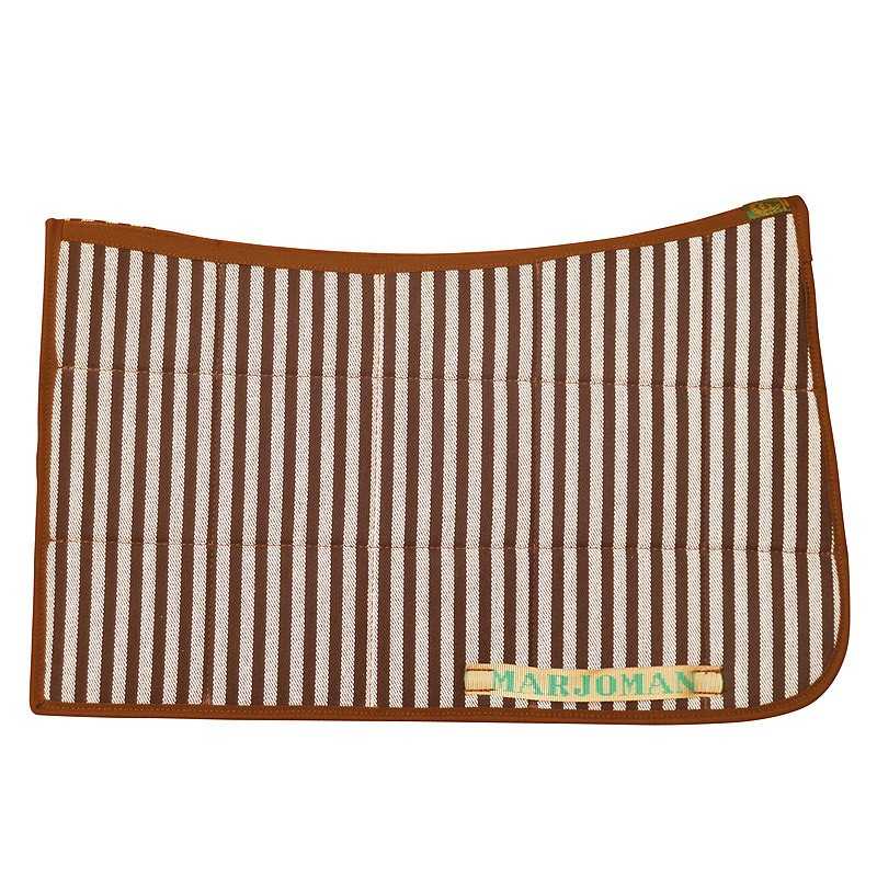 Tapete para cavalo riscado castanho e branco com etiqueta MARJOMAN