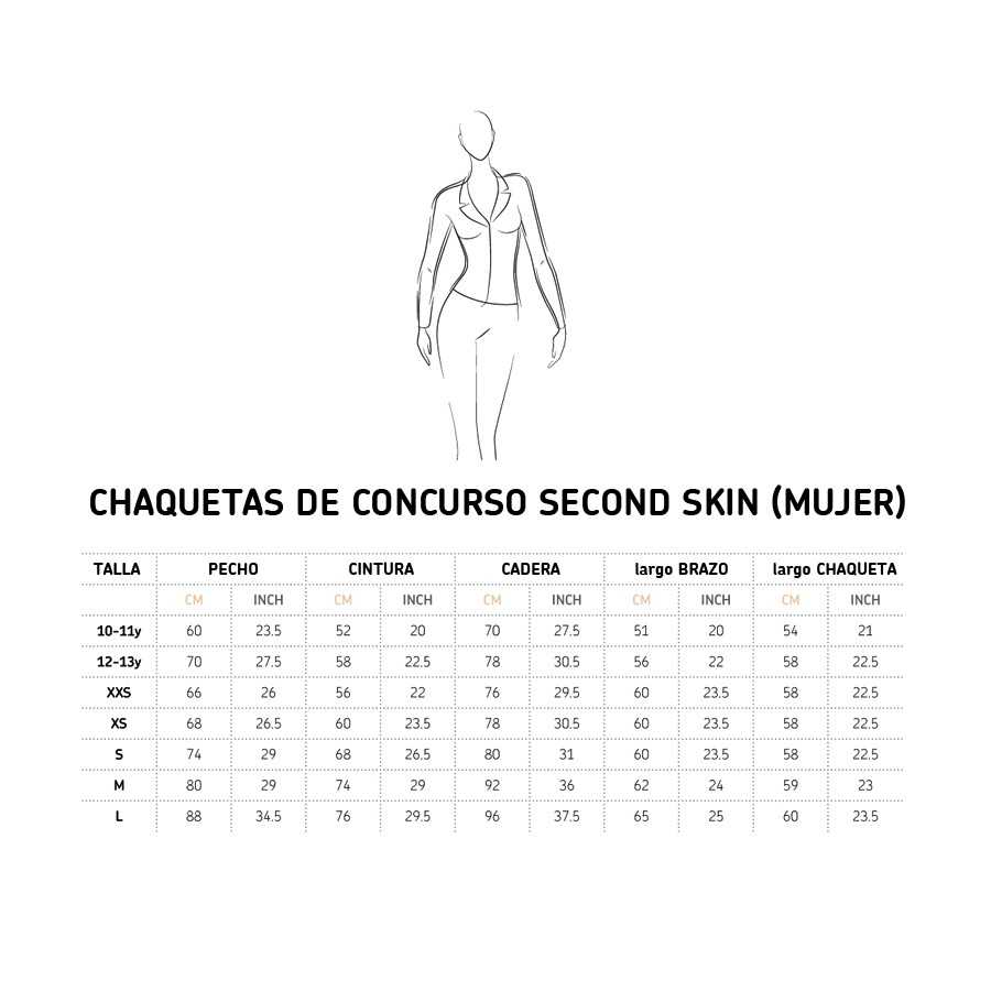 Tabela de tamanhos para chaquetas de concurso Second Skin para mulher com medidas detalhadas e um desenho de jaqueta.