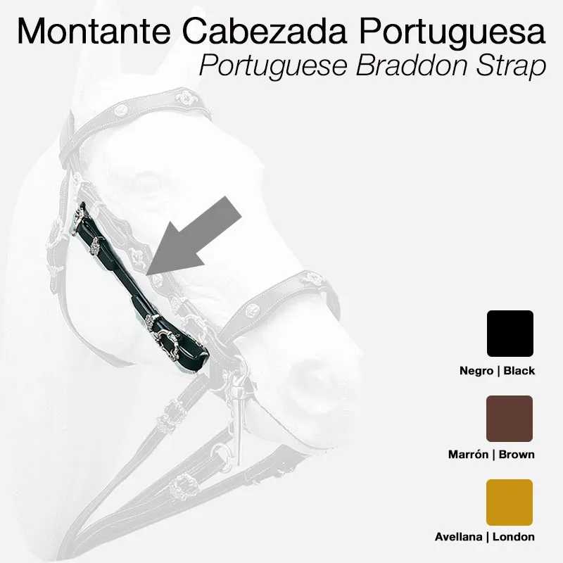 Cabeçada montante portuguesa em cavalo com correia braddan em três cores