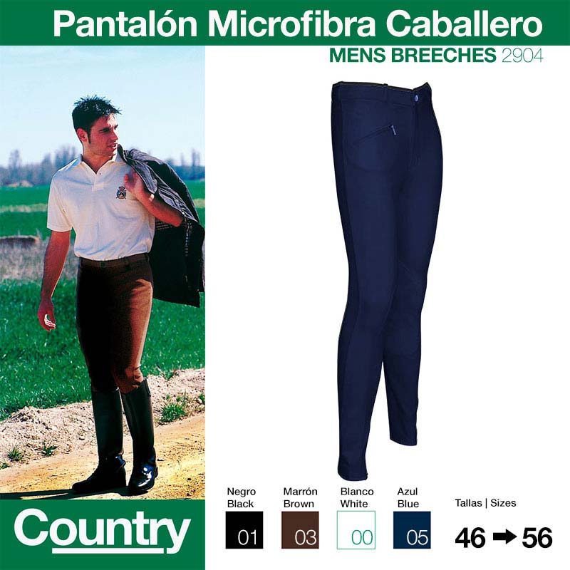 Anúncio de pantalão de microfibra para homem com opções de cores e tamanhos, e imagem de homem vestido outdoor.