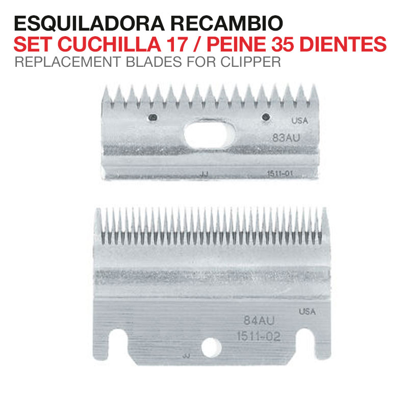 Conjunto de duas lâminas metálicas para máquina de cortar cabelo com texto impresso.