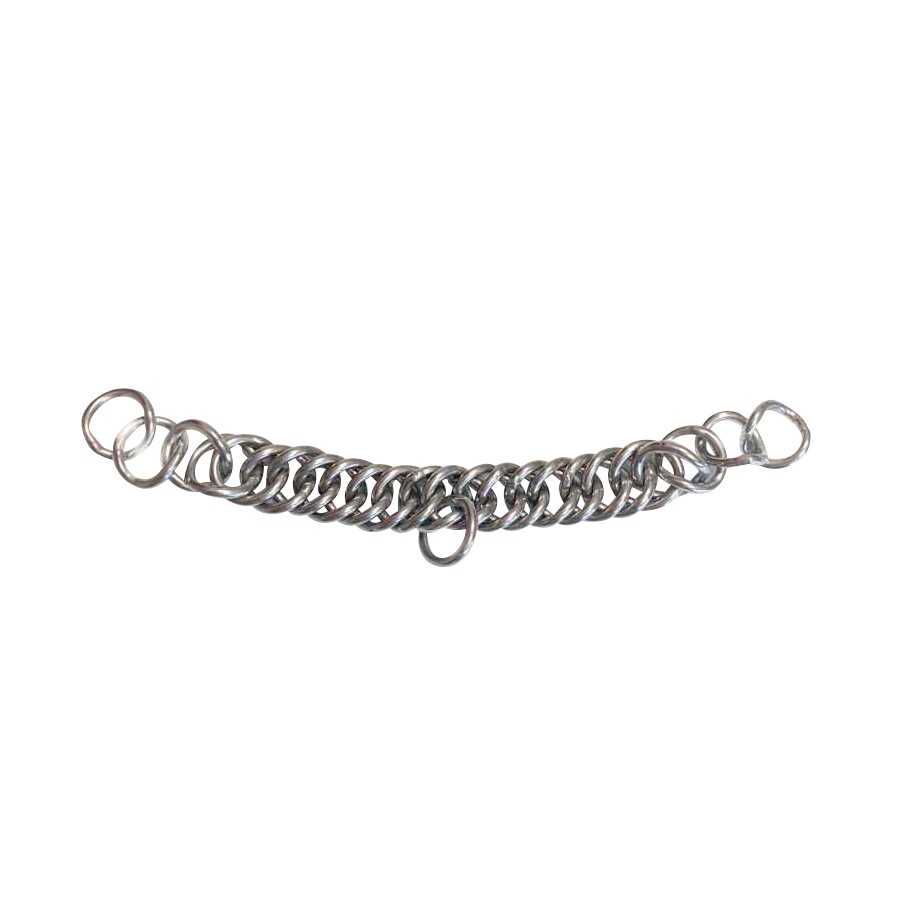 Pulseira de metal prateado tipo corrente com argolas variadas em fundo branco