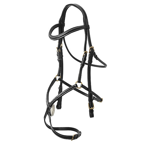 Bridão para cavalo preto com pelúcia branca e fivelas douradas