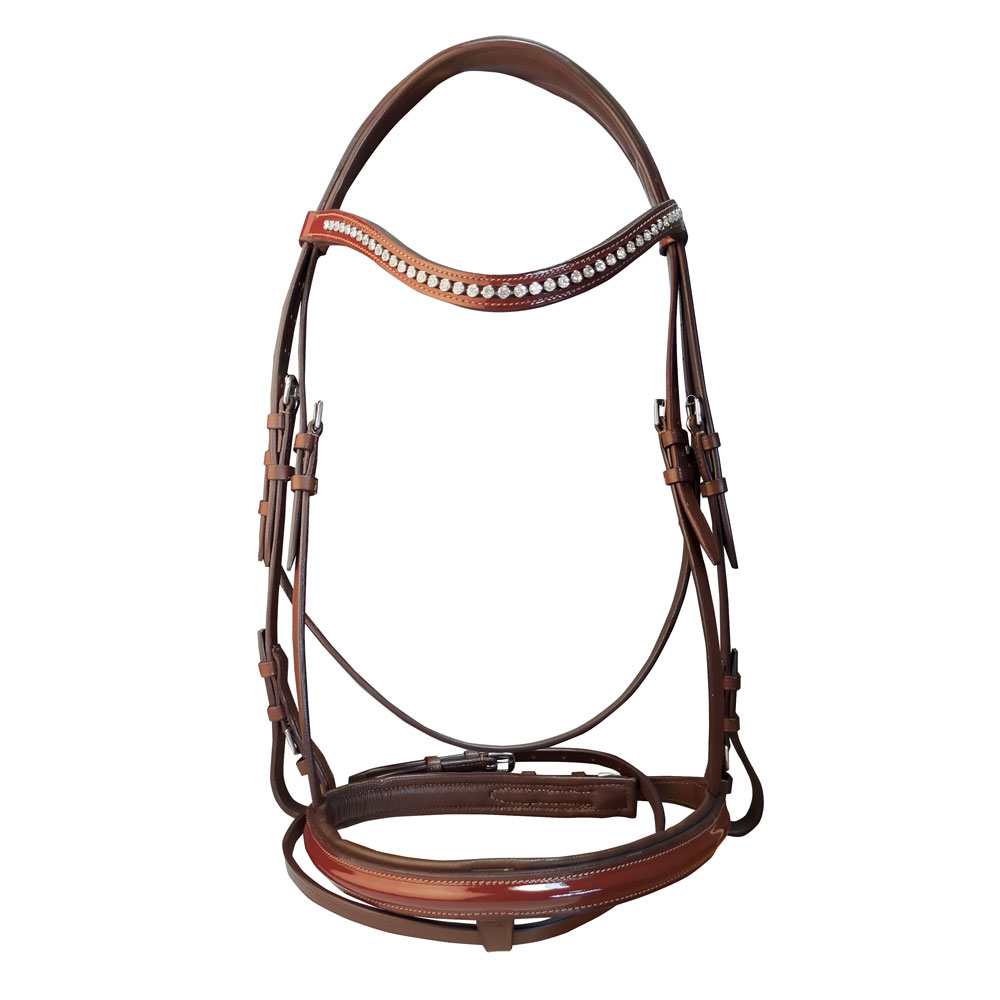 Cabeçada para cavalo em couro castanho com detalhes vermelhos e apliques metálicos