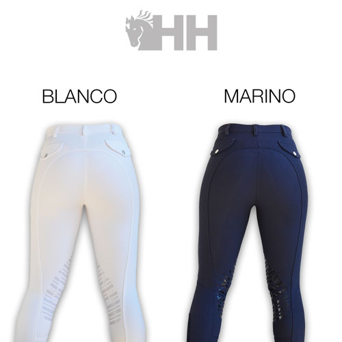 Calças justas branca e azul escura com bolsos traseiros e botões