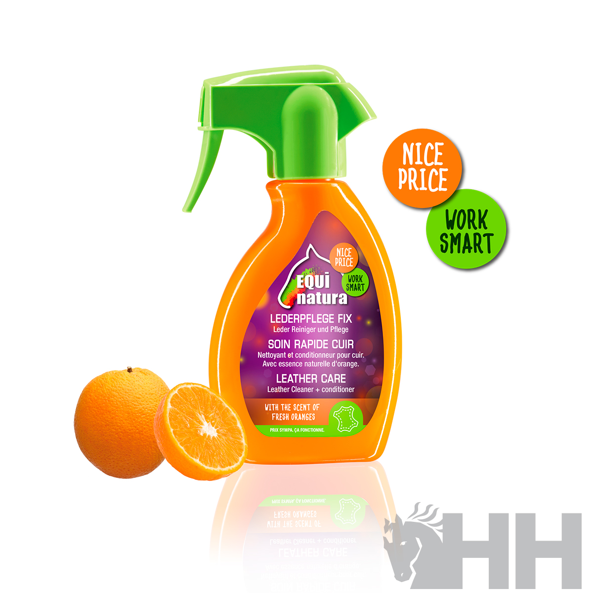 Frasco de spray para couro com laranja cortada ao lado, etiquetas NICE PRICE e WORK SMART
