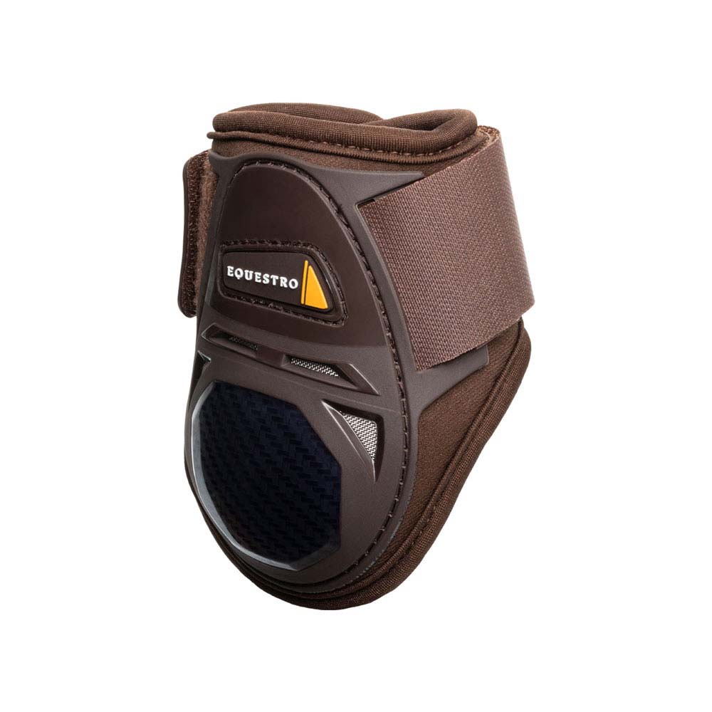 Proteção para equitação castanha com fecho de velcro e marca EQUESTRO