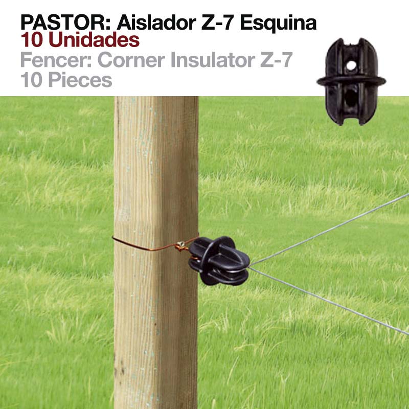 Isolador de canto Z-7 preto fixado em poste de madeira com fios metálicos em relva