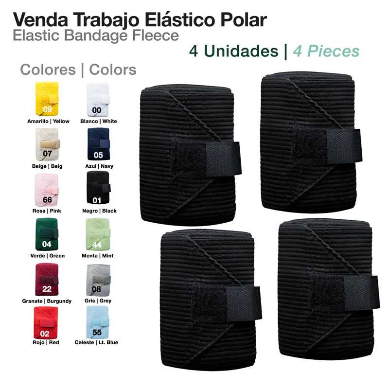 Pacote com quatro vendas elásticas polares pretas com velcro, lista de cores disponíveis