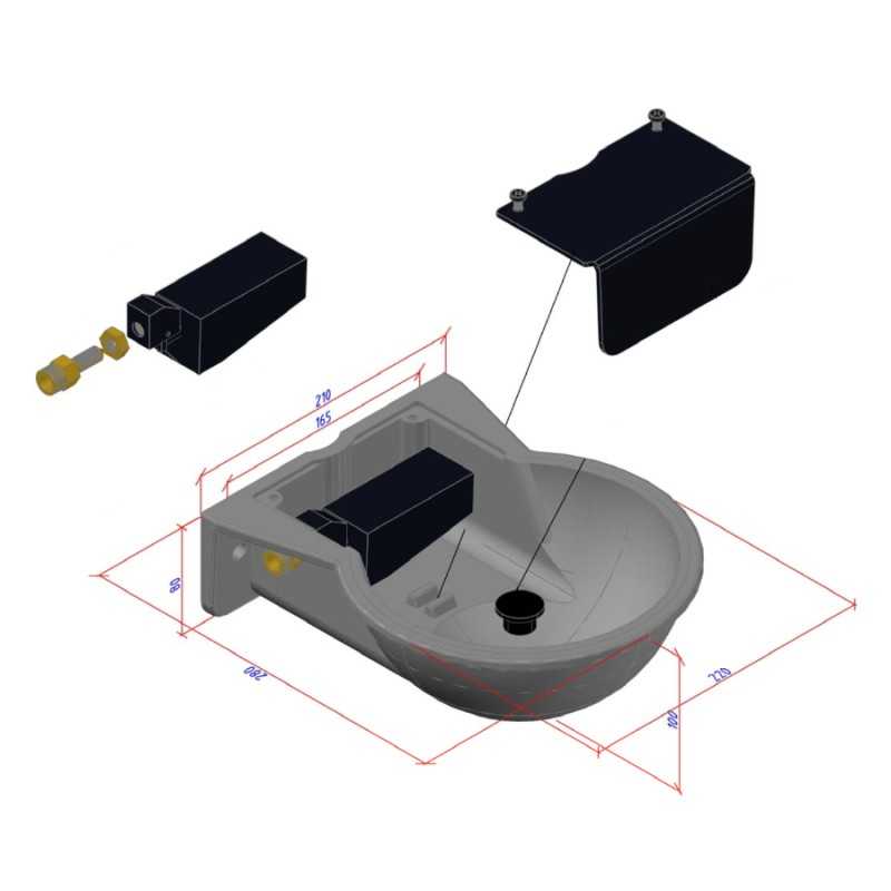 Comedouro automático para animais com dimensões técnicas e componentes em cinza, preto e amarelo