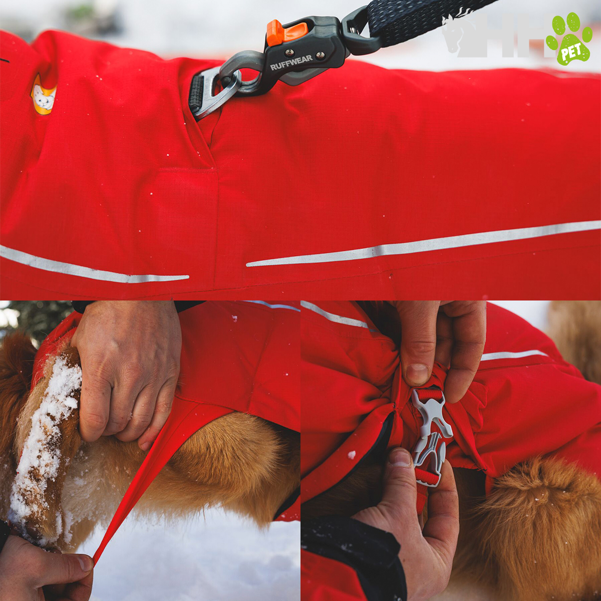 Casaco vermelho para cão com fechos e tiras refletoras em ambiente da neve