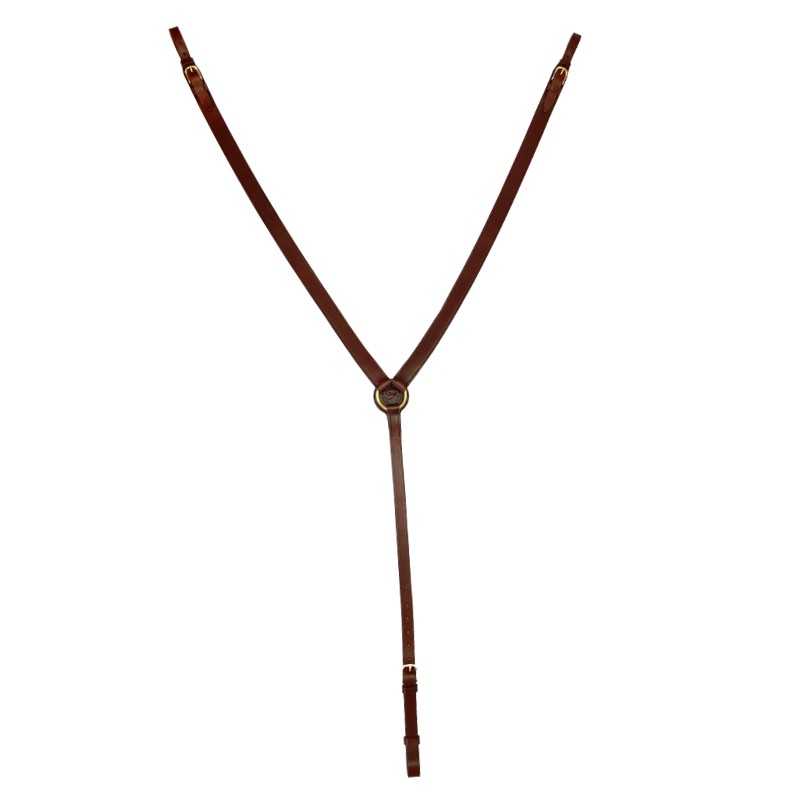 Arnês em couro castanho escuro com anel metálico dourado