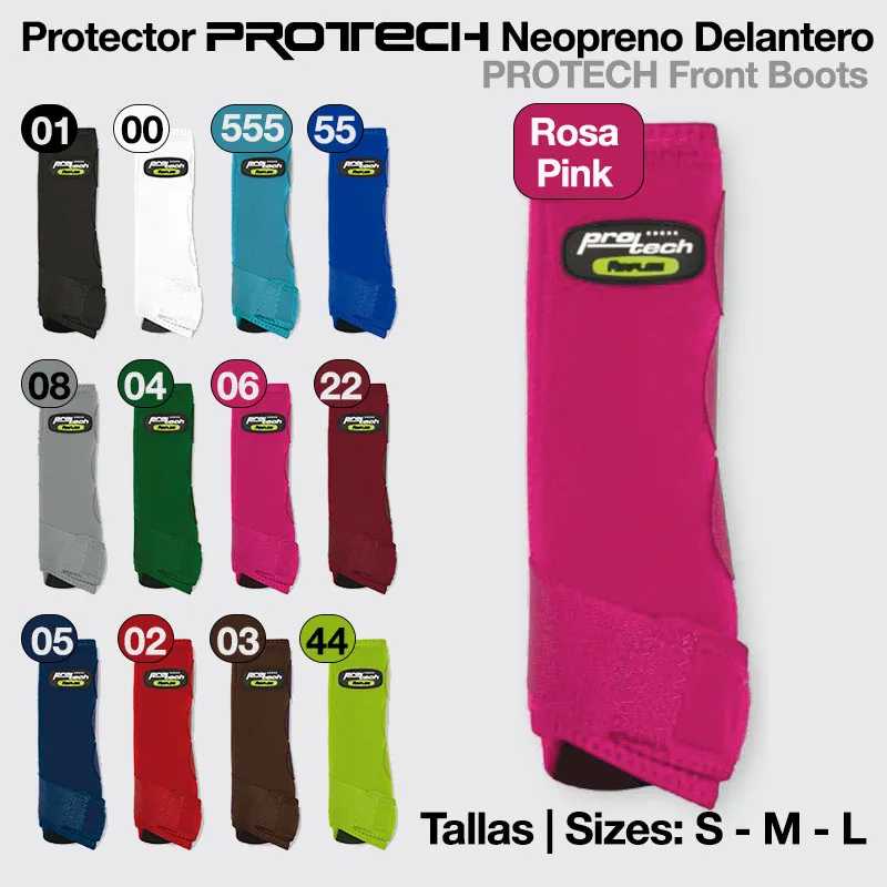 Botas frontais Protech de neopreno em diversas cores com etiquetas de tamanhos S, M, L.