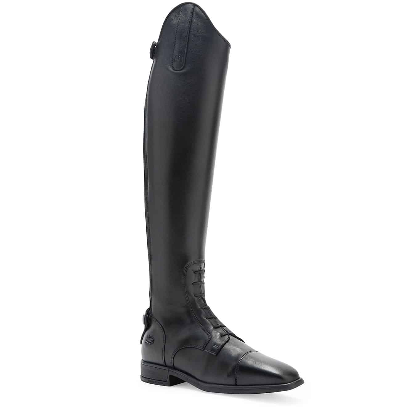 Bota de equitação alta de couro preto com fecho e detalhes no tornozelo