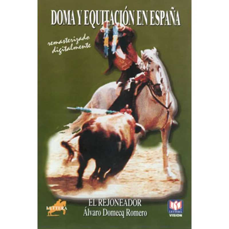 Capa do DVD 'DOMA Y EQUITACIÓN EN ESPAÑA' com imagem de rejoneador a cavalo e touro