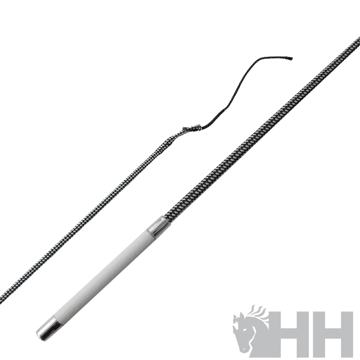 Chibe preto e branco com pega branca e ponta metálica sobre fundo branco