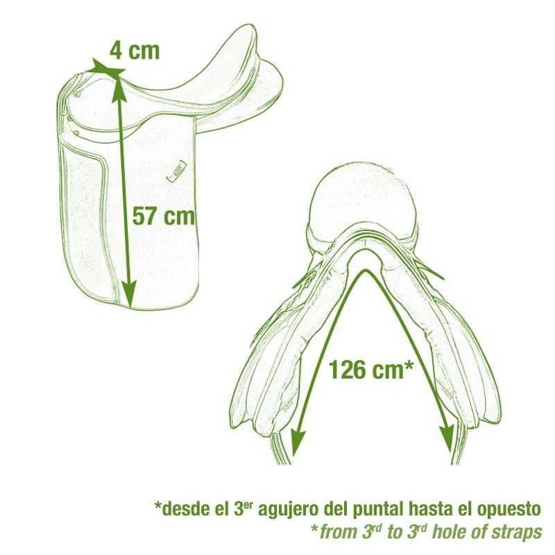 Suporte de sela de equitação com medidas em centímetros e texto bilíngue verde.