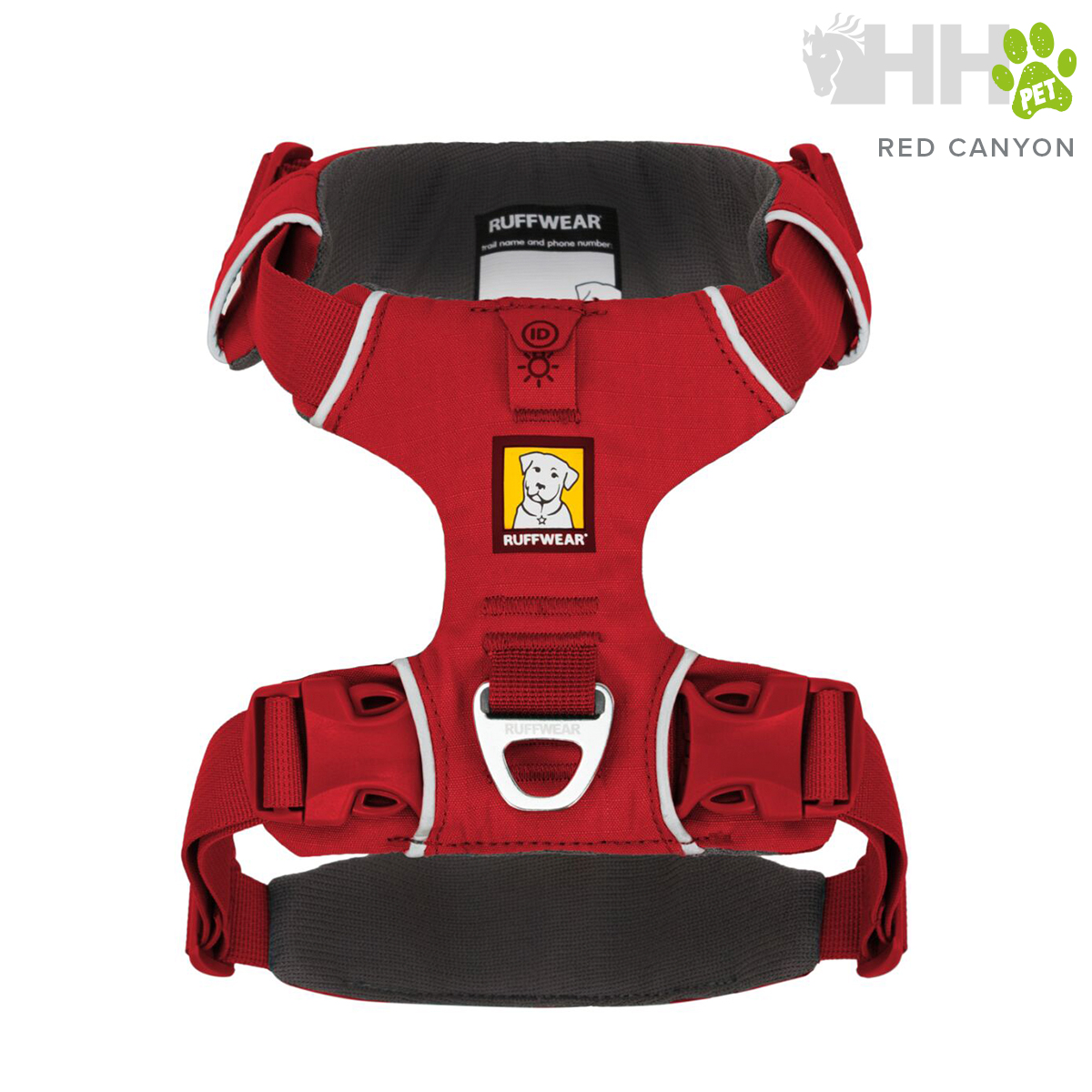 Peitoral para cão vermelho com detalhes cinzentos e brancos da marca Ruffwear.