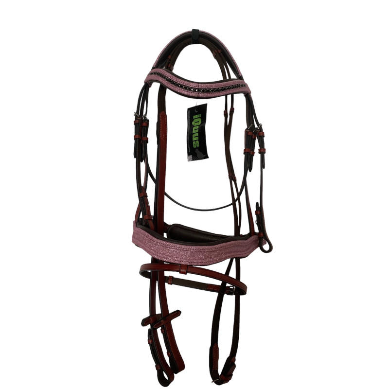 Cabeçada para cavalo em couro castanho com detalhes cor de rosa