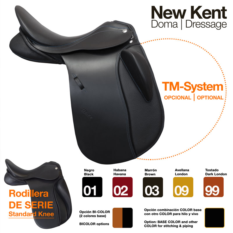 Sela de equitação New Kent em couro preto com texto de opções de cor e sistema TM-System