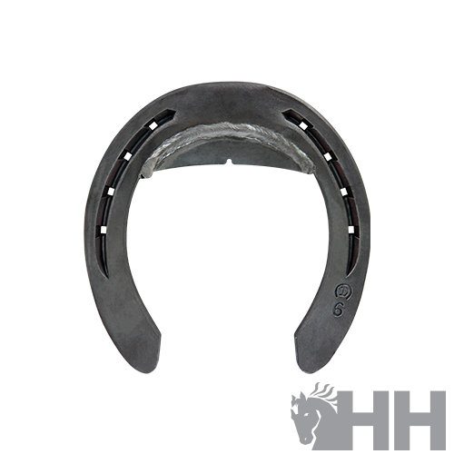 Ferradura metálica preta com preenchimento cinza e logótipo HH