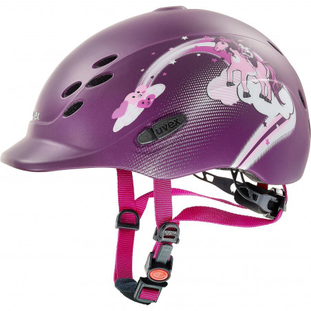 Capacete roxo infantil com desenho de unicórnio e estrelas, com fitas rosa ajustáveis