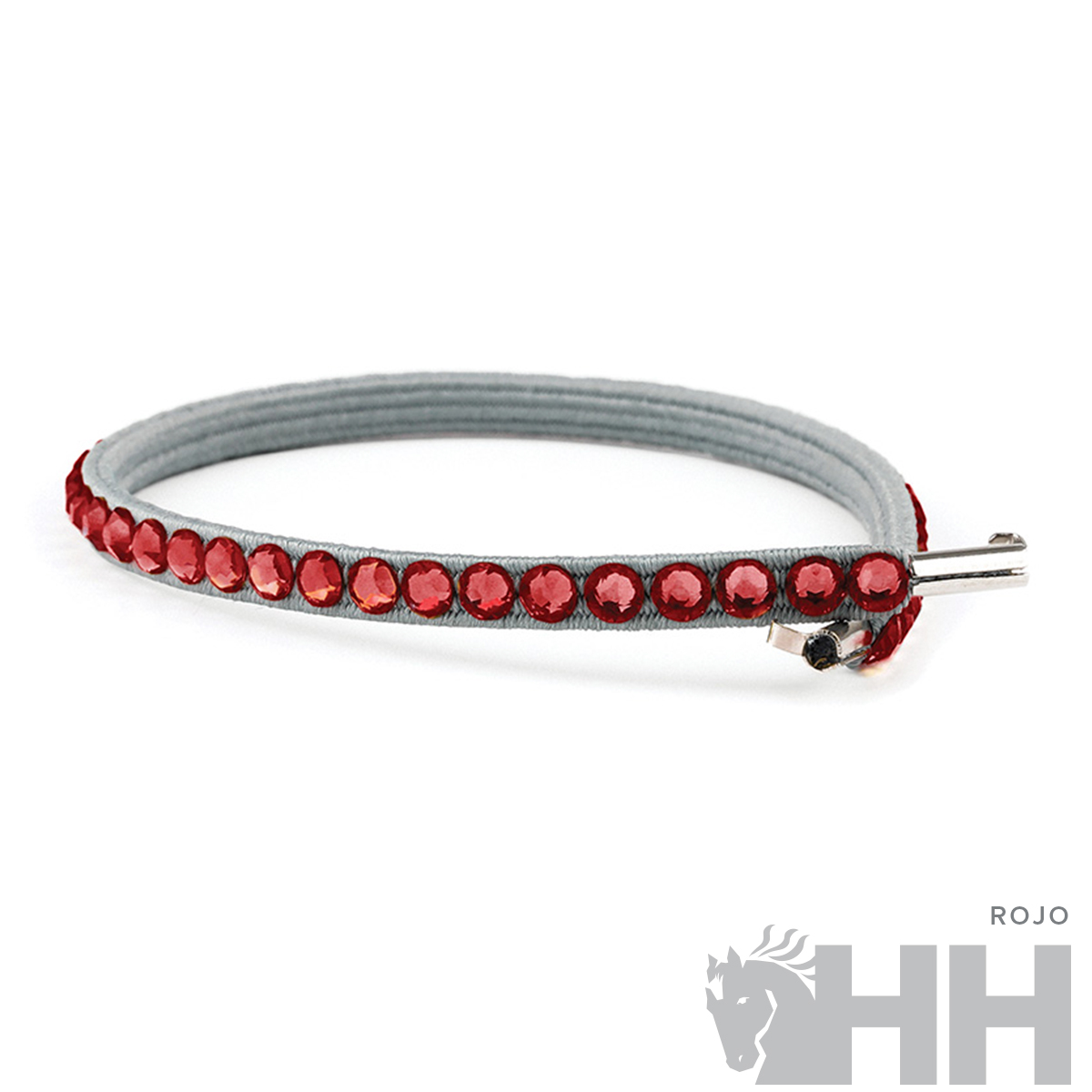 Pulseira cinzenta com cristais vermelhos e fecho metálico