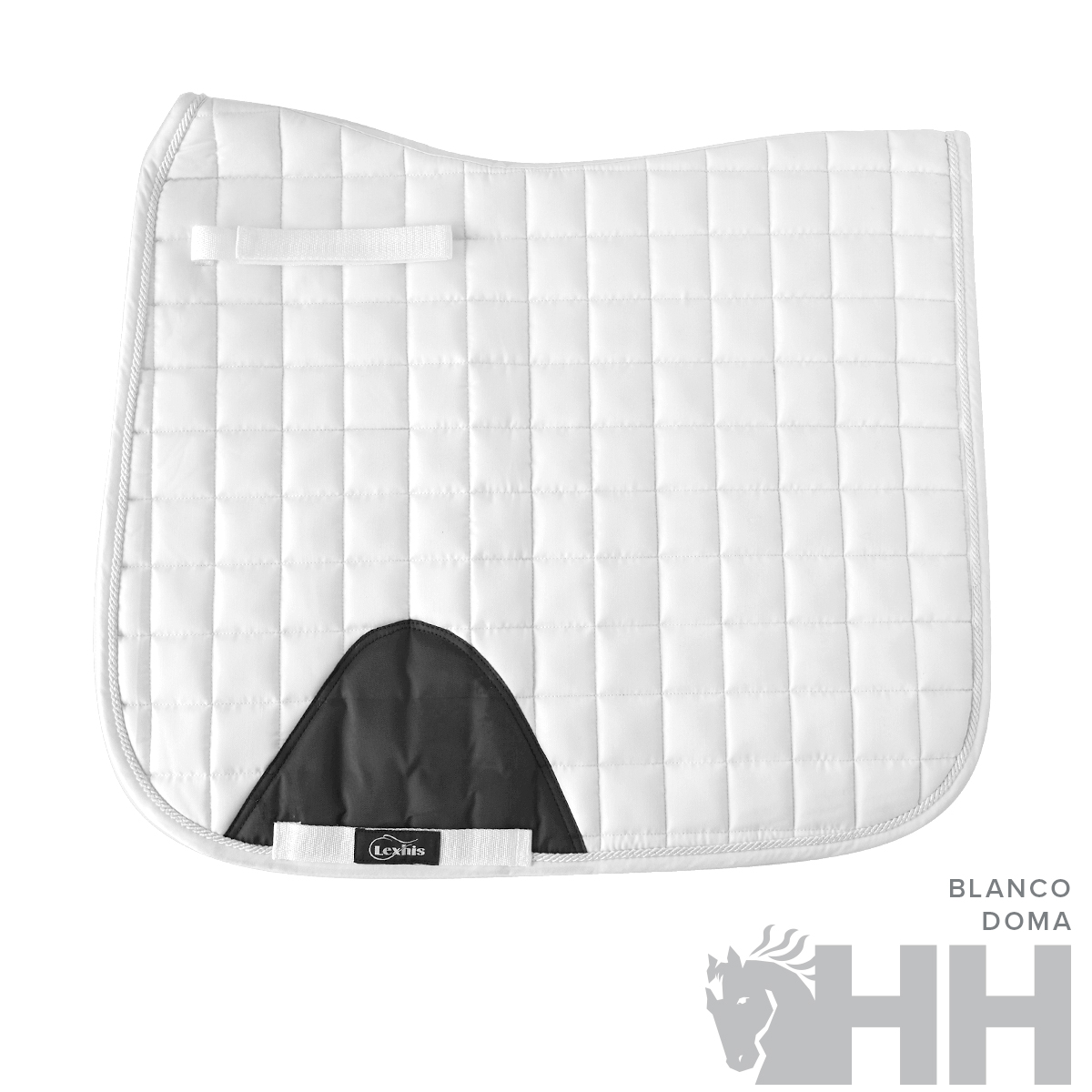 Manta de sela branca matelassada com reforço preto e etiqueta LOFTAS