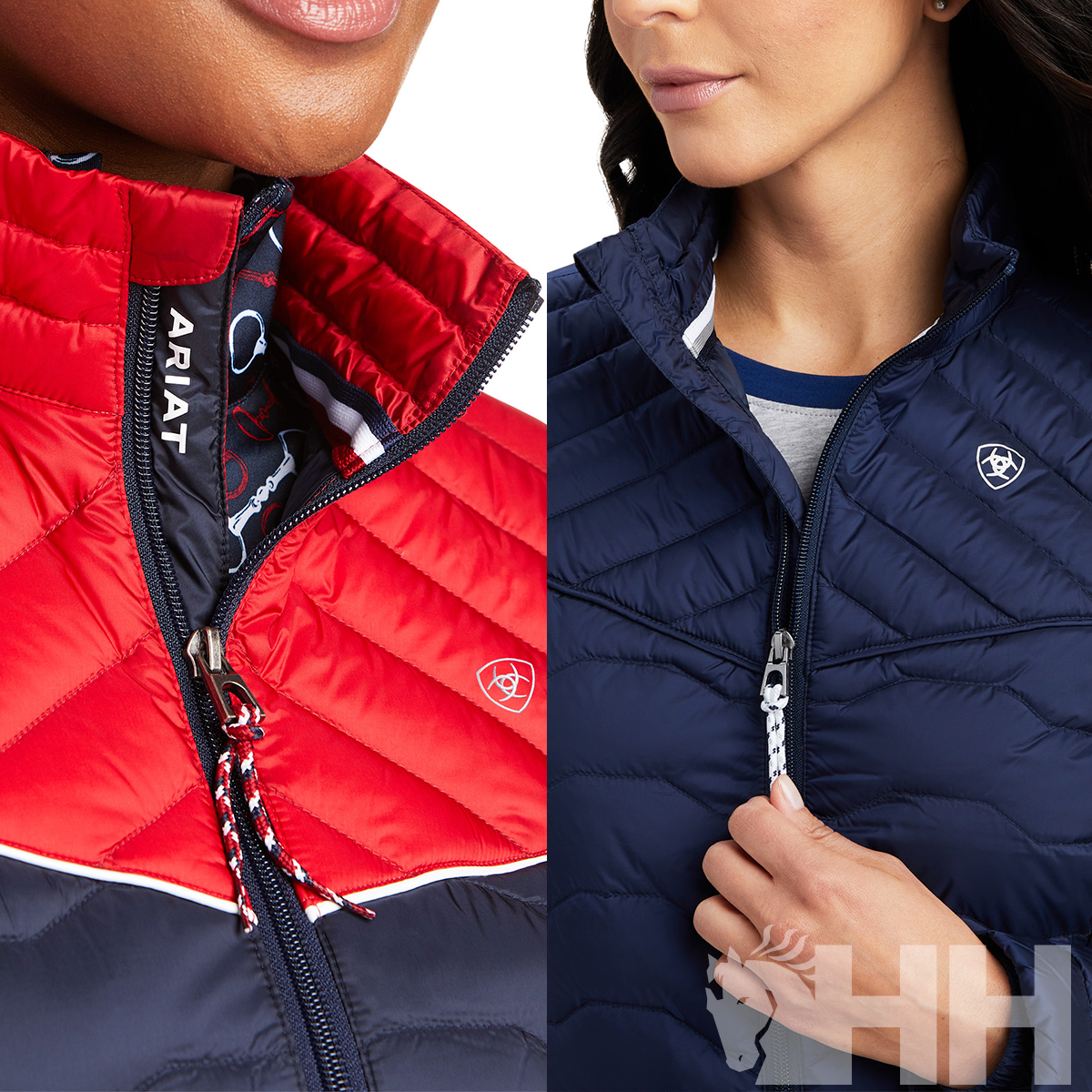 Casacos acolchoados vermelhos e azul escuro com zip e logo ARIAT