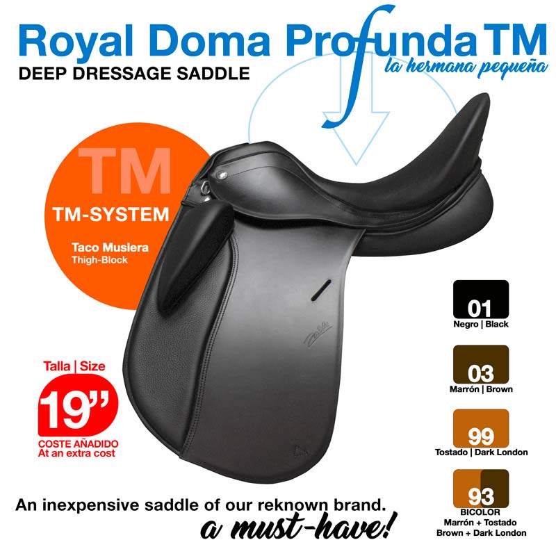 Sela de equitação preta Royal Doma Profunda TM com apoio de coxa e opções de cores