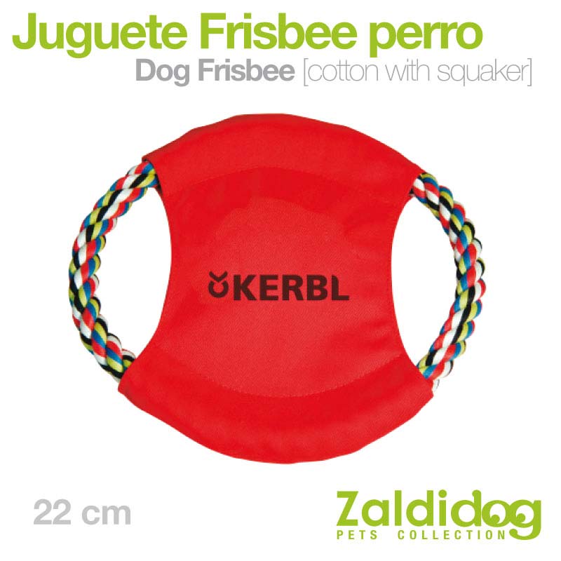 Frisbee para cão vermelho com cordas trançadas coloridas e texto KERBL