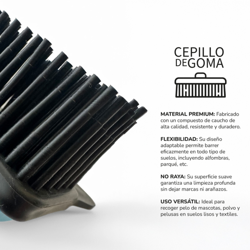 Escova de borracha preta com cabo azul e preto e texto explicativo em espanhol