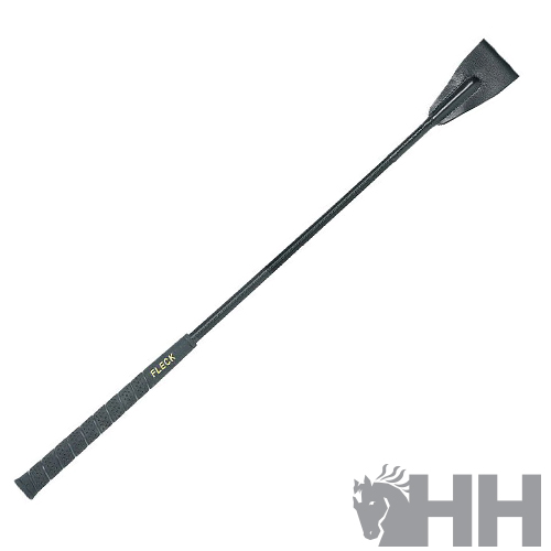 Chicote preto para equitação com cabo antiderrapante e ponta em formato de lâmina.