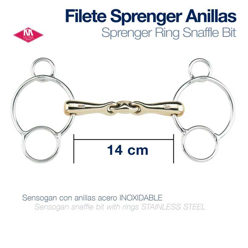 Filete Sprenger Anillas snaffle bit em aço inoxidável com barra dourada e anéis prateados