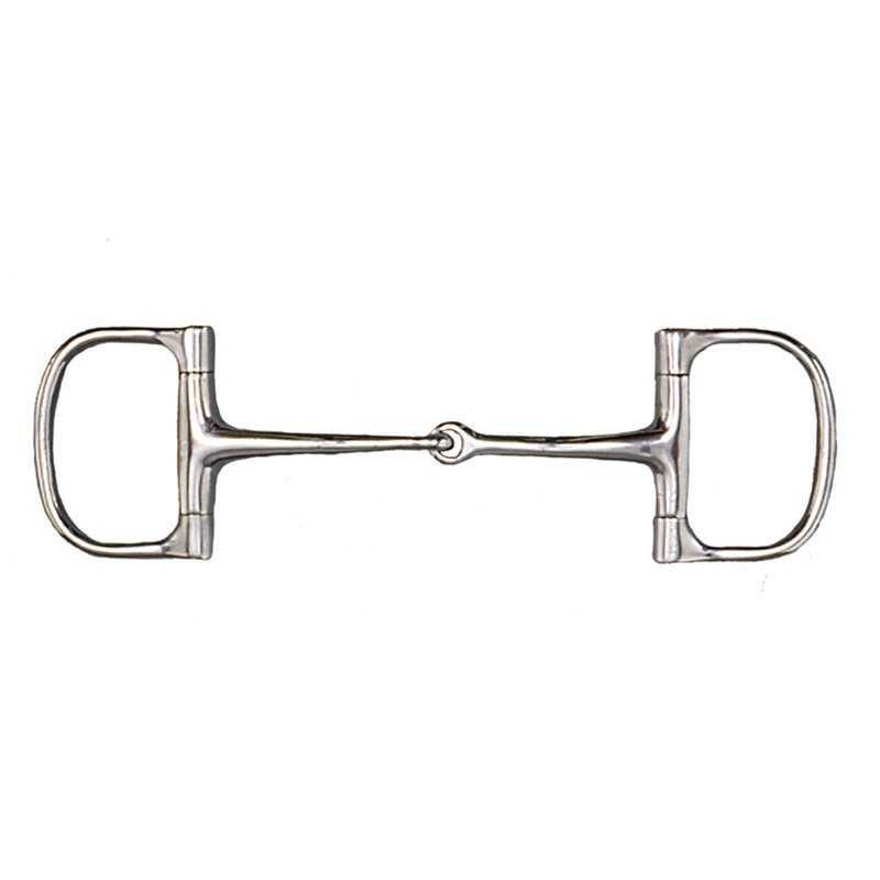 Freio metálico prateado para cavalo com junta central e argolas ovais nas extremidades