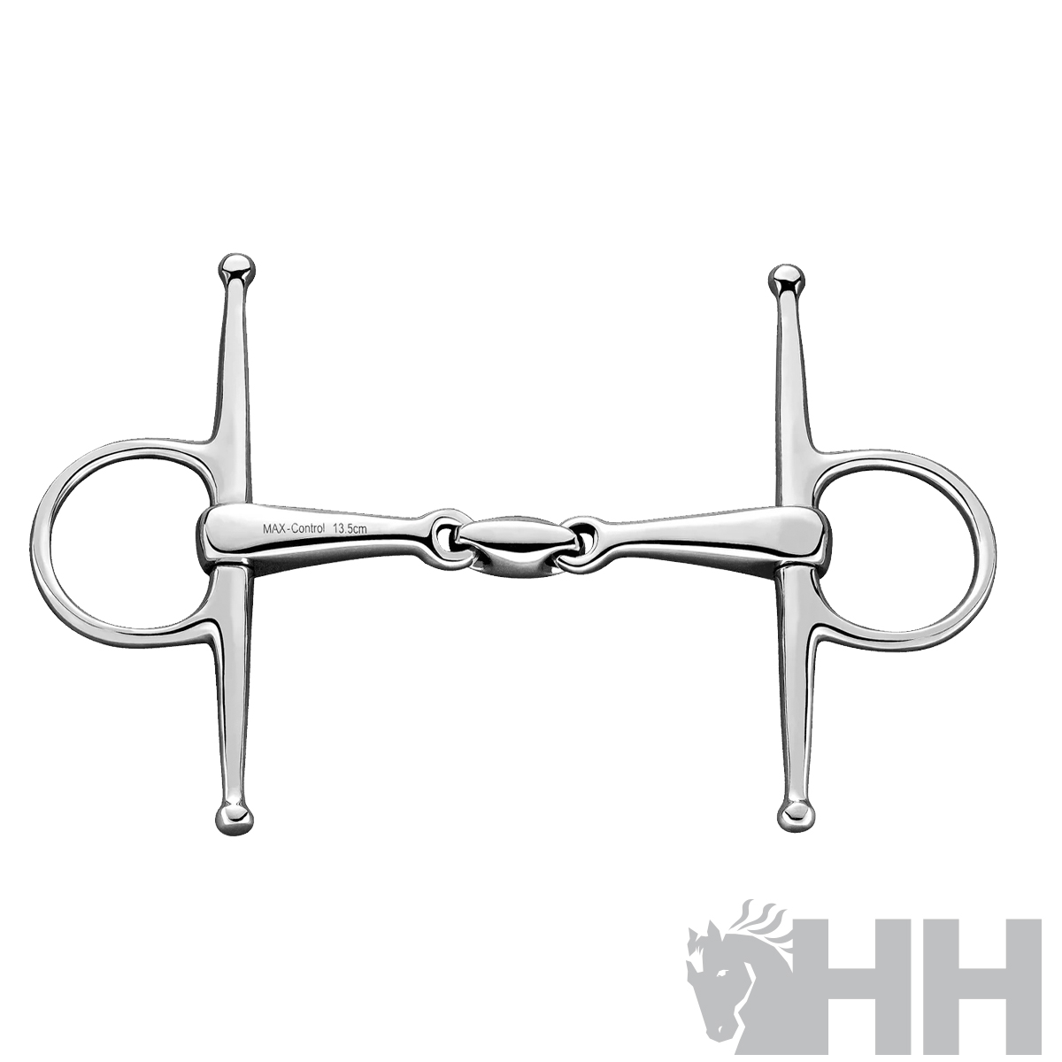 Freio metálico prateado para cavalo com texto 'MAX Control 13.5cm'