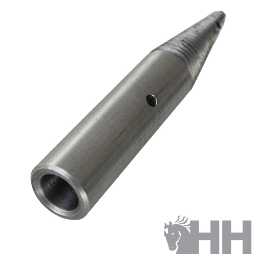 Peça metálica cilíndrica com ponta cónica fileteada e furo lateral