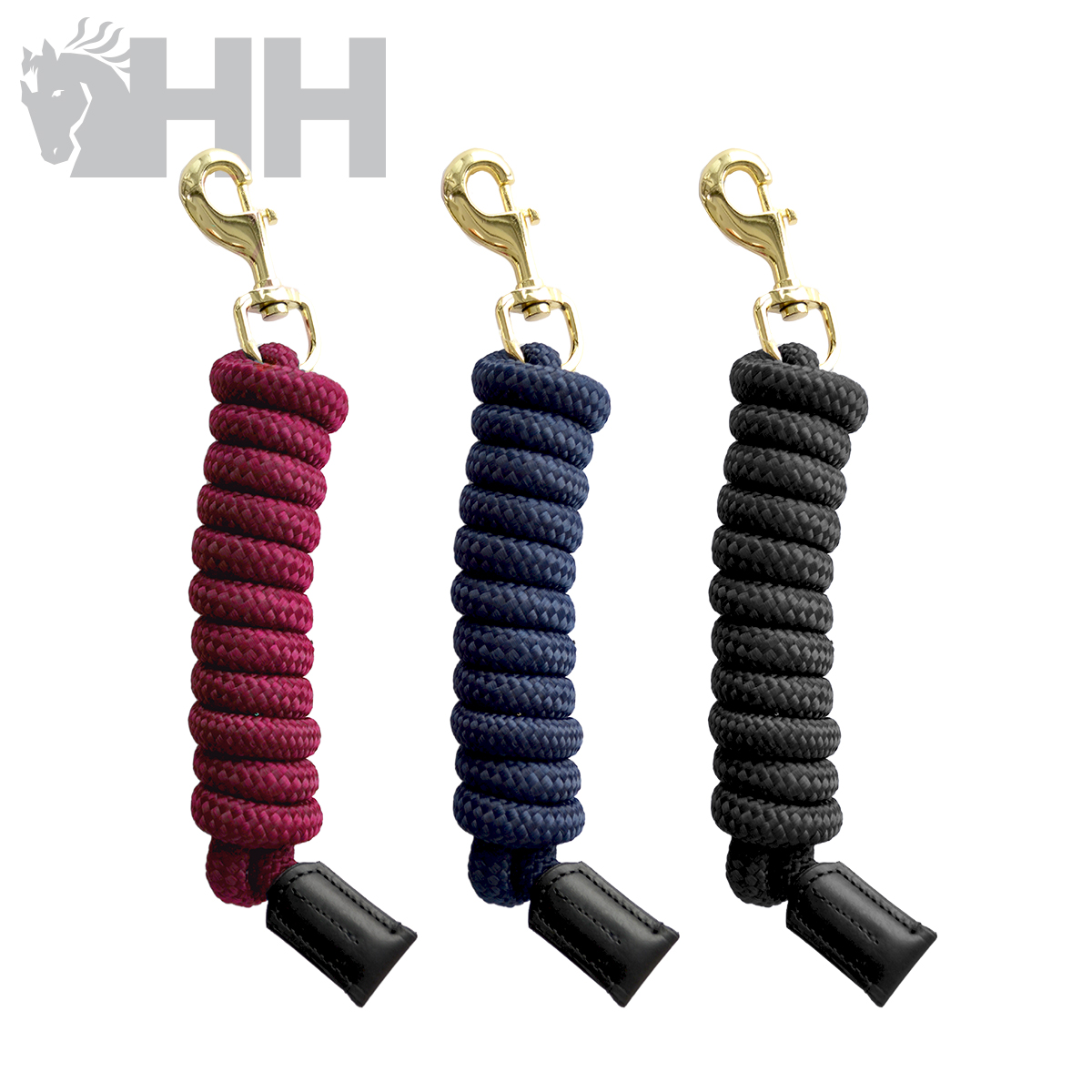 Três cabeças de cabresto de corda com mosquetões dourados e acabamento em couro, nas cores vinho, azul marinho e preto