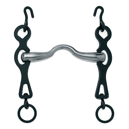 Freio de cavalo metálico com partes pretas e prateadas, com argolas e ganchos