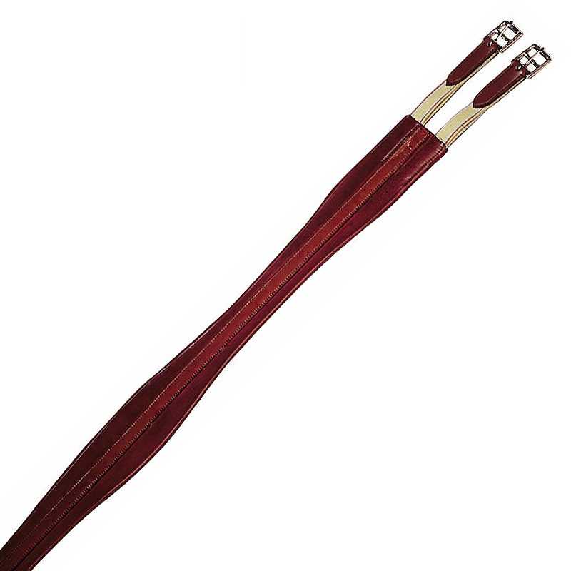 Cincha de equitação em couro castanho com fivelas metálicas prateadas