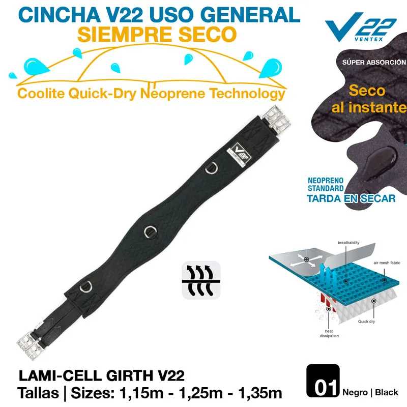 Cinta preta V22 com tecnologia Quick-Dry Neoprene para uso geral, tamanhos 1,15 m a 1,35 m
