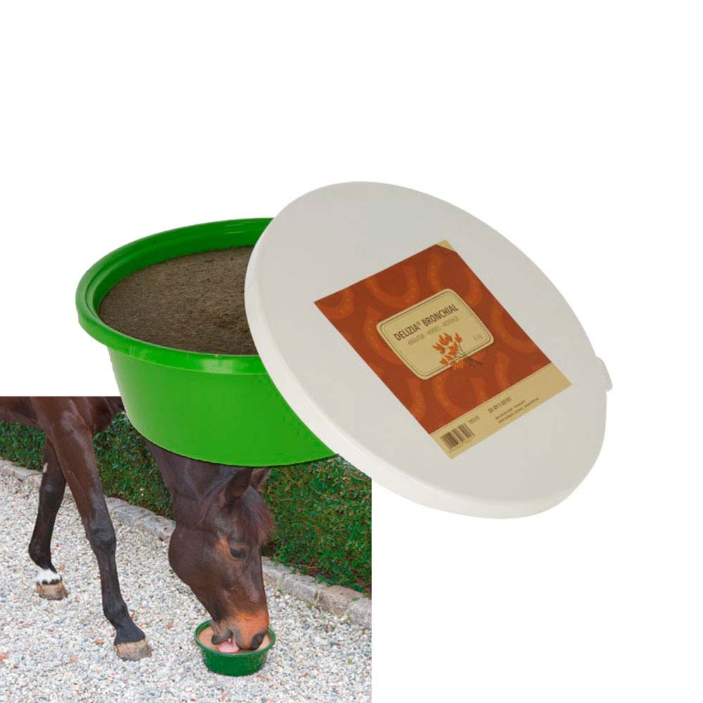 recipiente verde com tampa branca e etiqueta DELIZIA BRONCHIAL e cavalo a comer no recipiente pequeno