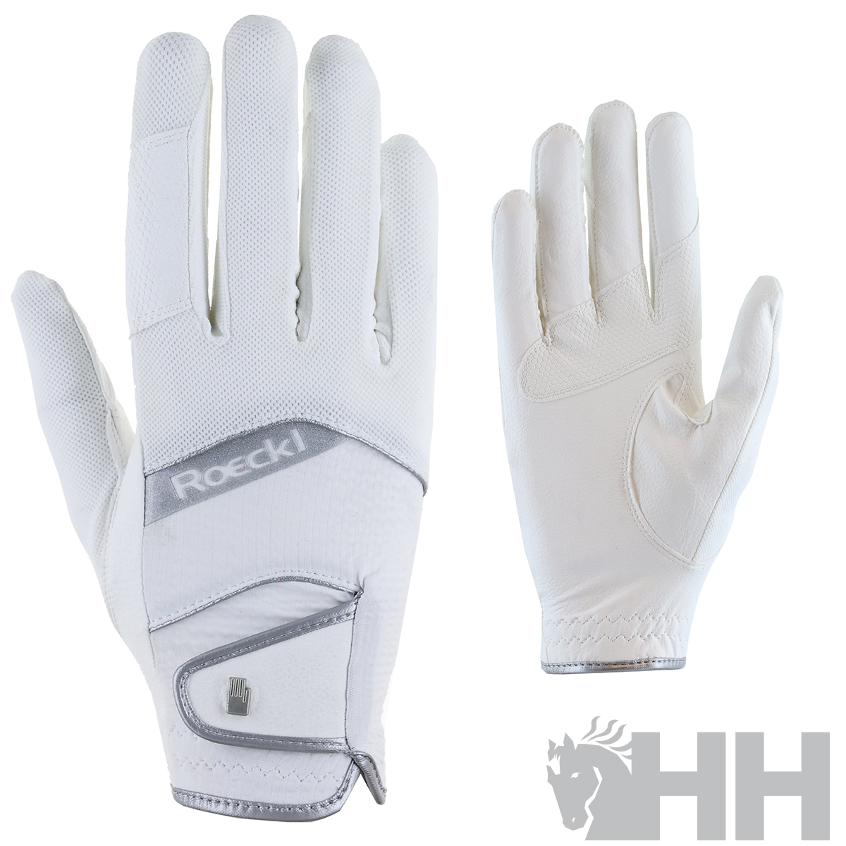 Luvas brancas Roeckl com logotipo e ajustador no pulso